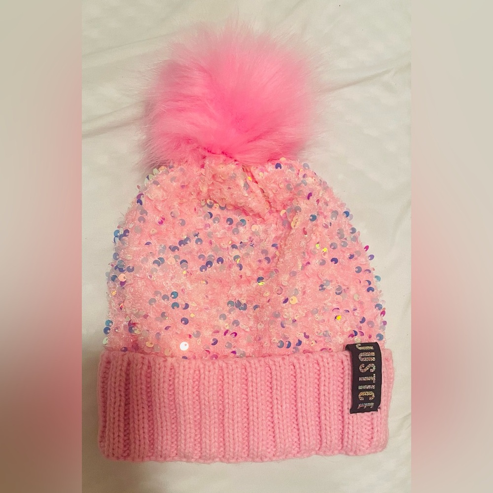 JUSTICE Pink Sequin Kids Beanie with Pom Pom